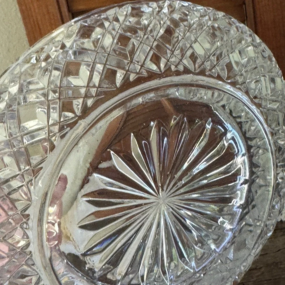 Vintage Pressed Glass Scalloped Serving Bowl Diamond Point Starburst 6.5 Inch